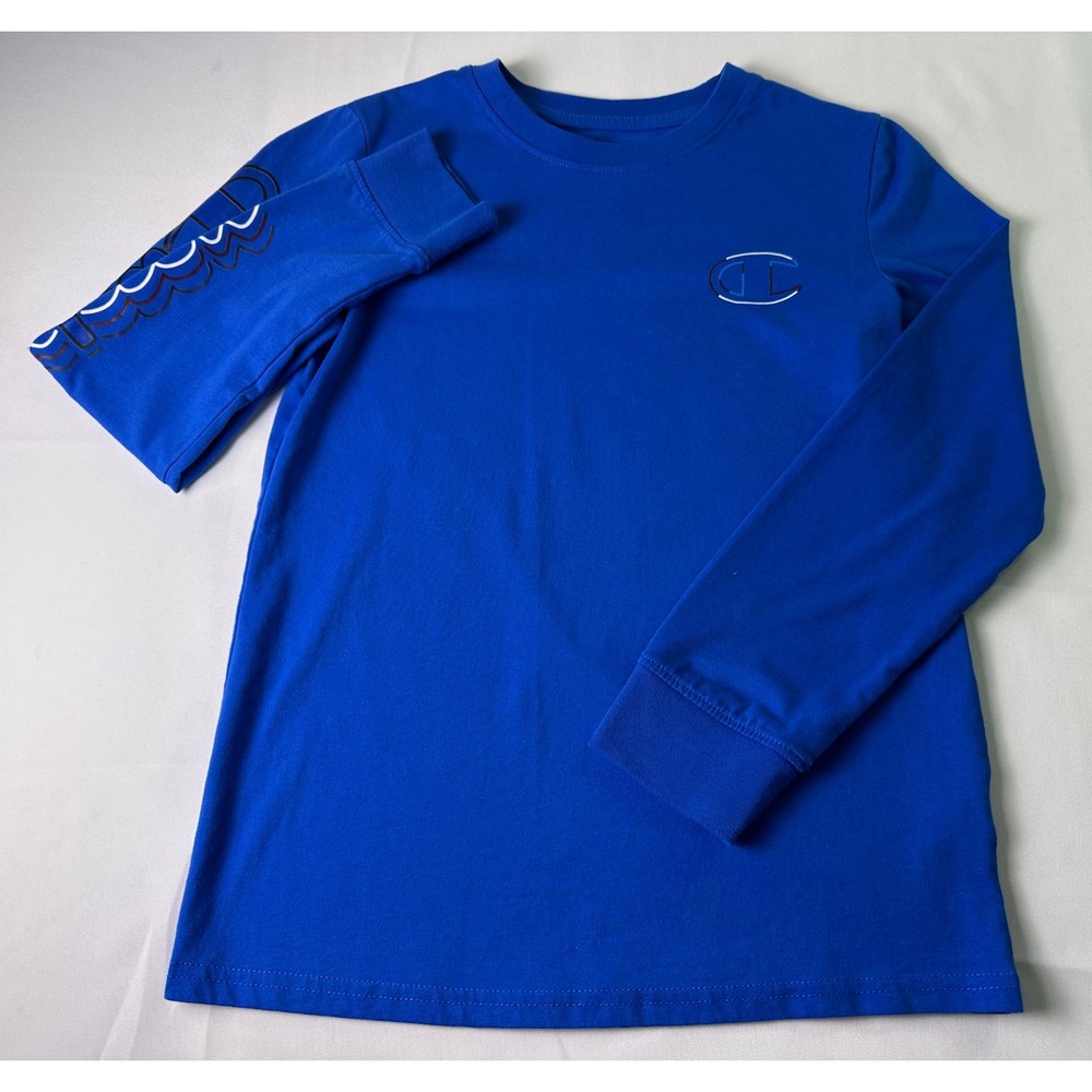 Champion Long Sleeve‎ T Shirt Youth Size M Blue Graphic Wave Logo Casual